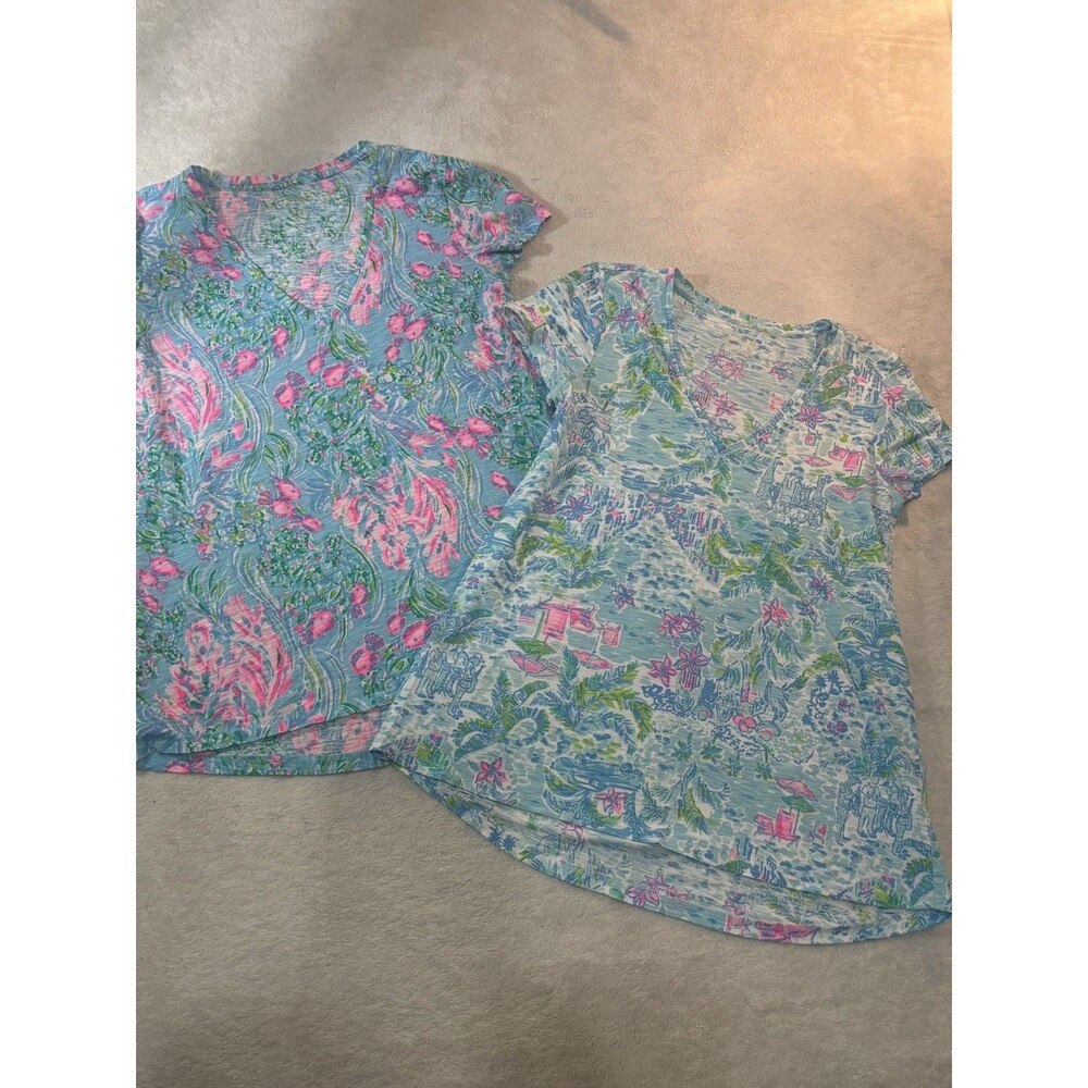 Lot Of 2 Lilly Pulitzer V Neck Tops Pink Blue Turquoise Green XSmall Small
